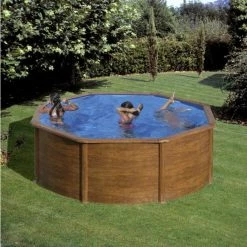 GRE Piscine Ronde Acier Gré Pacific Imitation Bois - 3,50 X 1,20 M -piscine Soldes kit350w piscine ronde acier gre pacific imitation bois 350 120 ambiance 2